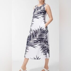 Chico's Black and White Sleeveless Palm-Print Midi Dress Pima Cotton Size 16